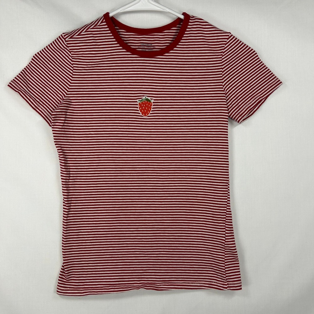 Cotton On Red White Striped Strawberry Embroidered Fitted Longline Tee Size XXS
